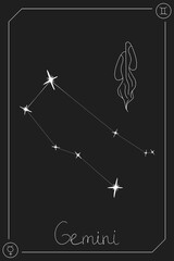 Wall Mural - Gemini horoscope card with constelation, zodiac sign and a patronizing planet. Hand drawn vector illustration on dark background. Taro card.
