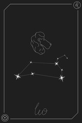 Wall Mural - Leo horoscope card with constelation, zodiac sign and a patronizing planet. Hand drawn vector illustration on dark background. Taro card.
