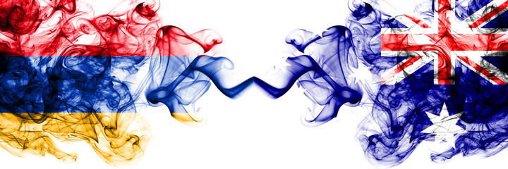 Wall Mural - Armenia vs Australia, Australian smoky mystic flags placed side by side. Thick colored silky abstract smoke flags