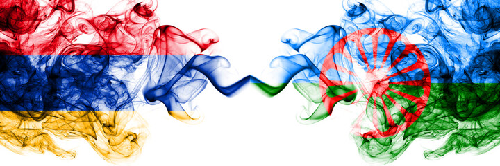 Armenia vs Gipsy smoky mystic flags placed side by side. Thick colored silky abstract smoke flags