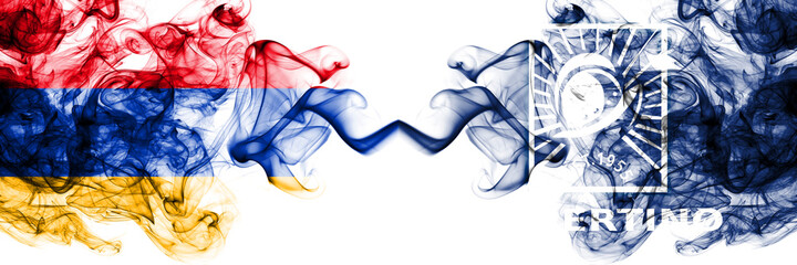 Armenia vs United States of America, America, US, USA, American, Cupertino, California smoky mystic flags placed side by side. Thick colored silky abstract smoke flags