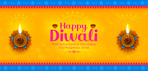 Poster - illustration of burning diya on Happy Diwali Holiday background for light festival of India