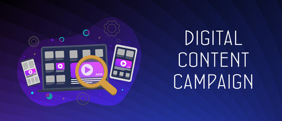 Wall Mural - creative concept of digital content campaign horizontal banner. online media marketing, advertising 