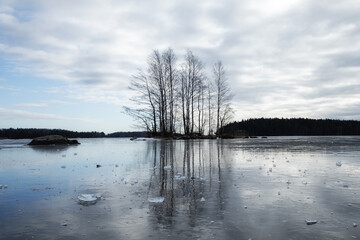 Wall Mural - Frozen lake with ice and island with trees. Winter season. Cloudy day. Cold weather in Finland.