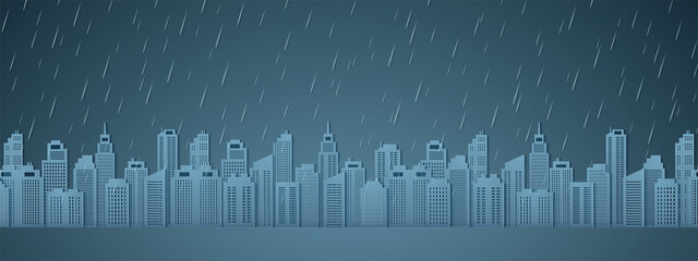 Wall Mural - Cityscape with rain, dark sky, rainy season, paper art style