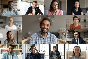 Wall Mural - head shot screen view diverse colleagues group brainstorming online, engaged in conference, internet