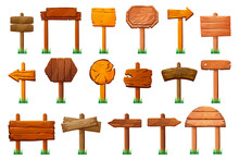 Wooden Signs Standing On Pillars At Green Grass Isolated Set. Vector Wood Signboards, Arrows Direction And Way Pointers, Information Posts. Bank Empty Guideposts, Attention And Warning Info Frames