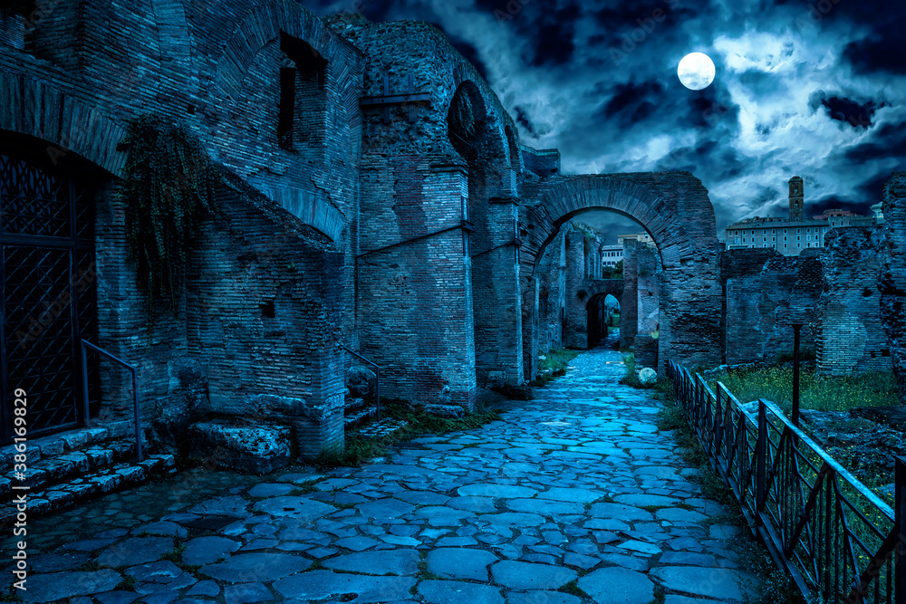 Roman Forum at night, Rome, Italy. Mystery creepy view of Ancient street in full moon. - obrazy, fototapety, plakaty 