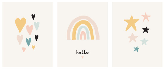 Wall Mural - simple scandinavian style vector illustration with rainbow, stars and hearts. lovely nursery art wit