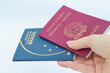 woman hand holding italian and brazilian passport - showing or delivering- dual citizenship concept