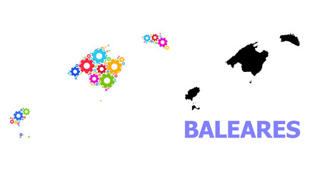 Vector mosaic map of Baleares Province done for services. Mosaic map of Baleares Province is done from random bright cogs. Engineering components in bright colors.
