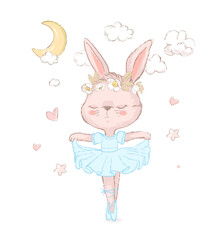 Wall Mural - Illustration of a sweet bunny dancing over stars. Dancilg little rabbit wearing blue tutu ans wreath. Can be used for t-shirt print, kids wear fashion design, baby shower invitation card