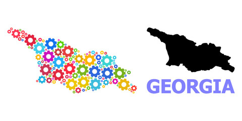 Vector mosaic map of Georgia created for mechanics. Mosaic map of Georgia is constructed of randomized bright cogs. Engineering items in bright colors.