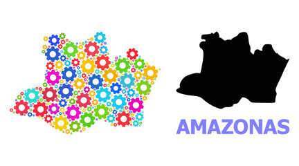 Vector collage map of Amazonas State created for engineering. Mosaic map of Amazonas State is created of scattered bright cogs. Engineering items in bright colors.