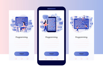 Programming and engineering development. Programmer or developer create code programming language. PHP, HTML, C++, CSS, Js. Screen template for mobile smart phone. Modern flat cartoon style. Vector