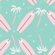 Seamless Pink And Green Palm Trees Pattern With Tropical Flower. Repeating Vector Beach And Surfing Pattern With Surf Boards.