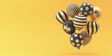 Fototapeta  - Composition of air black balloons with a gold percentage on a yellow background. 3d render illustration. Black Friday.