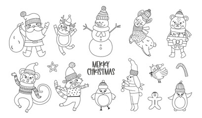Wall Mural - Vector set of black and white Christmas characters. Santa Claus with sack, funny animals, snowman line icons isolated on white background. Cute winter illustration for decorations or new year design..