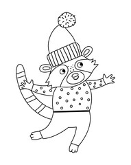 Wall Mural - Vector black and white raccoon in hat and sweater. Cute winter animal illustration. Funny Christmas card design. New Year line icon with smiling character.