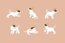 Bull Terrier Icon Set.Cartoon Dog In Various Poses. Vector Illustration For Prints, Clothing, Packaging, Stickers.
