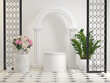 Mockup Clean White Pedestal Elegant Scene Decor With Plant And Flower On Tiles Floor Background 3d Render