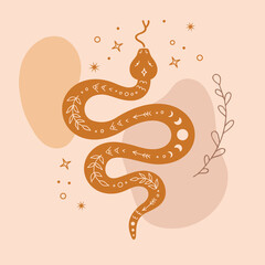 Wall Mural - boho snake on abstract background. sacred mystic serpent. pastel colors art print. modern esoteric m