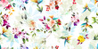 Wide seamless background pattern with wild flowers, leaves and tropical elements on white. Hand drawn illustration. vector - stock.