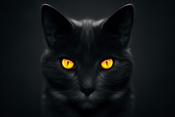 Predatory gaze of a black cat, orange eyes, dark background. The concept of predatory animals, wildlife, food pyramid. 3D illustration, 3D render.