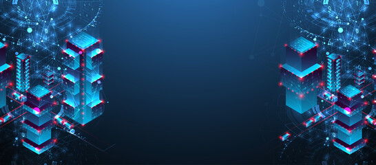 Isometric big data concept, database. Abstract technology background. Vector illustration