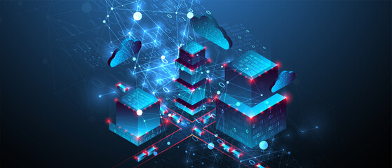 Fototapete - Isometric big data concept, database. Abstract technology background. Vector illustration