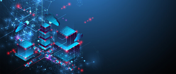 Isometric big data concept, database. Abstract technology background. Vector illustration