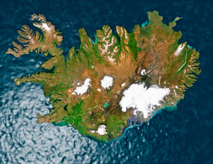 satellite view of iceland, map. glaciers and fjords seen from above. 3d render. reykjavik. element o