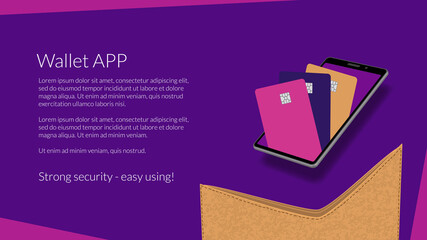 Wall Mural - E-wallet mobile application. All credit cards in mobile electronic wallet on the smartphone. Template for a website or banner. Vector EPS10.