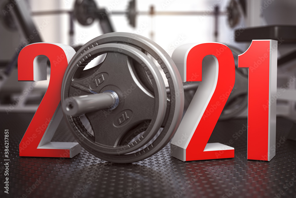 2021 Happy New Year  in fitness bodybuilding workout gym. Number 2021 with barbell and oter spoirt equipment. - obrazy, fototapety, plakaty 