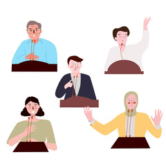 Speaker debate talk people character set collection white isolated background with flat color styl