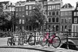Fototapeta Uliczki - A picture of a pink bike on the bridge over the channel in Amsterdam. The background is black and white.