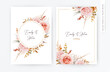 Vector elegant wedding floral invite card invitation design in fall, winter tones. Pink, blush peach Rose flowers, taupe, brown beige cream autumn Eucalyptus branch, leaves, golden fern. Template set