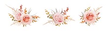 Vector Floral Bouquet Design. Pink, Blush Peach Roses, Fall, Winter Tones Taupe, Brown Beige Cream Autumn Eucalyptus Branch, Leaves, Fern. Wedding Invite Card Decorative Elegant Watercolor Element Set