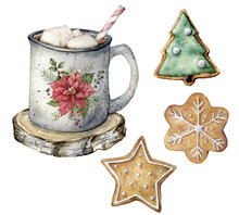 Watercolor Christmas Set With Silver Mug, Pastry And Cocoa. Hand Painted Cup, Marshmallow And Cookies Isolated On White Background. Holiday Symbols. Seasonal Trendy Illustration For Design Or Print.