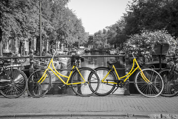 Wall Mural - A picture of a two yellow bikes on the bridge over the channel in Amsterdam. The background is black and white.