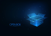 Futuristic Glowing Low Polygonal Open Box Isolated On Dark Blue Background.