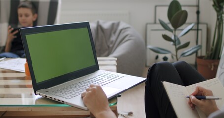 Wall Mural - Woman holding computer with green screen