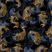 Seamless Pattern With Golden Fish Koi. Japanese Vintage Print