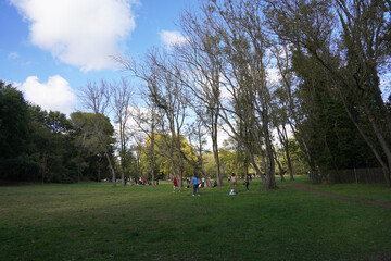 Wall Mural - The vast space in the Vaugrenier park in the city of Villeneuve-Loubet, people having picnics and relaxing on an autumn Sunday afternoon.