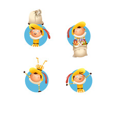 Kids With Yellow Costume Celebrate Dutch Holidays - Vector Illustration Isolated