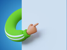 3d Render, Funny Cartoon Character Hand In Green Sleeve, Finger Pointing To Blank Banner With Copy Space, White Background. Advertisement Poster Mockup, Attention Concept