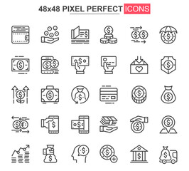 Leinwandbilder - Money thin line icon set. Money management and saving outline pictograms for website and mobile app GUI. Capital investment simple UI, UX vector icons. 48x48 pixel perfect pictogram pack.
