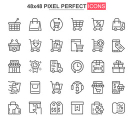 Poster - Online shopping thin line icon set. Internet marketplace outline pictograms for website and mobile app. Online order and delivery simple UI, UX vector icons. 48x48 pixel perfect pictogram pack.