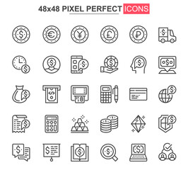Fototapete - Financial items thin line icon set. Money exchange and stock trading outline pictograms for website and mobile app GUI. Economy simple UI, UX vector icons. 48x48 pixel perfect pictogram pack.