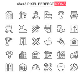 Poster - Construction thin line icons set. Construction site workflow and management unique design icons. Machinery and building equipment outline vector bundle. 48x48 pixel perfect linear pictogram pack.